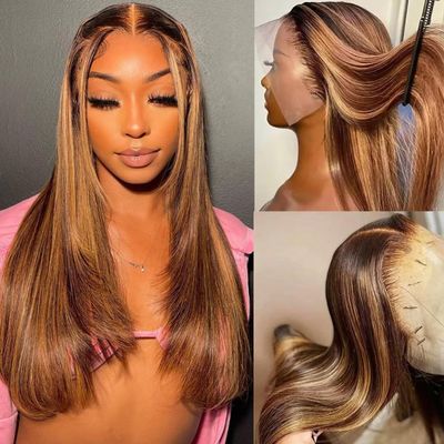 Lemoda Wholesale 100% Human Hair Wig 13X4 Highlight Straight Human Hair Lace Front Wigs 26inch P4/27 200% Density Peruvian HD Lace Wig