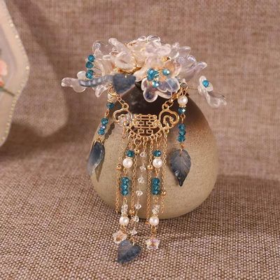 1 pcs Cayyoomm White Camellia Hairpin with Blue Pearl Pendant & Double Happiness Engraving - Chinese Wedding Hair Accessory, Bridal Hair Stick with Auspicious Symbols (White Camellia)