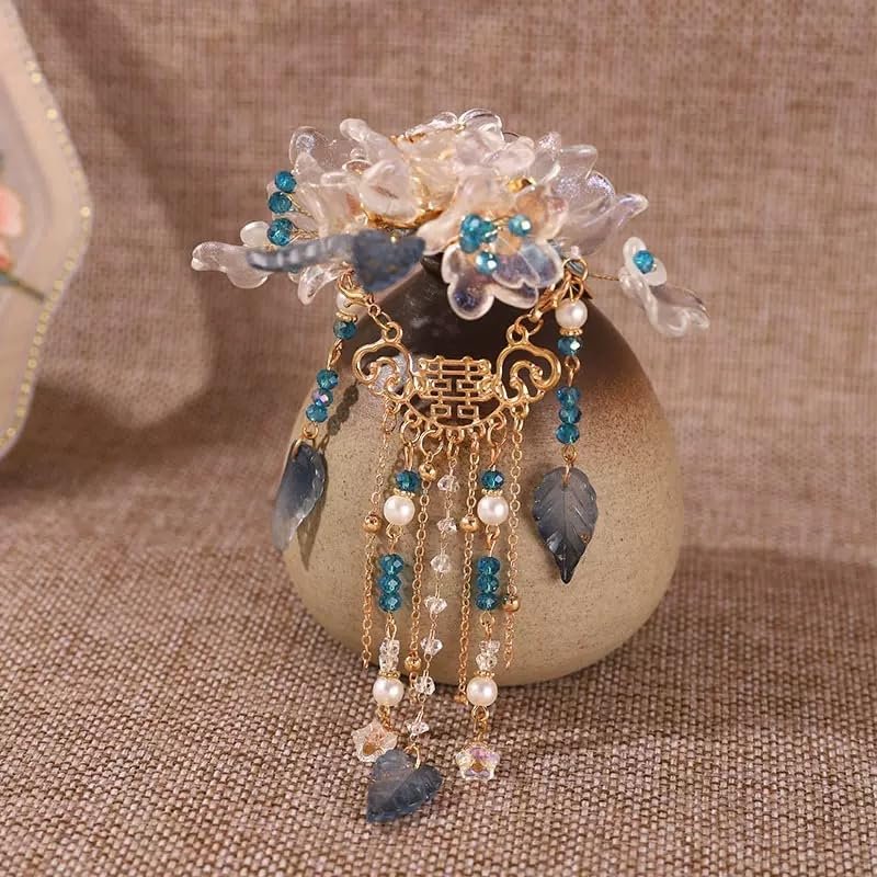 1 pcs Cayyoomm White Camellia Hairpin with Blue Pearl Pendant & Double Happiness Engraving - Chinese Wedding Hair Accessory, Bridal Hair Stick with Auspicious Symbols (White Camellia)