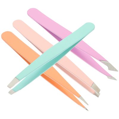 DECORNIJIA 4pcs Eyebrow Grooming Kit Stainless Steel Tweezers with Slant Pointed Flat and Knife Tips for Precision Facial Hair Removal and Ingrown Hair Management Random Color