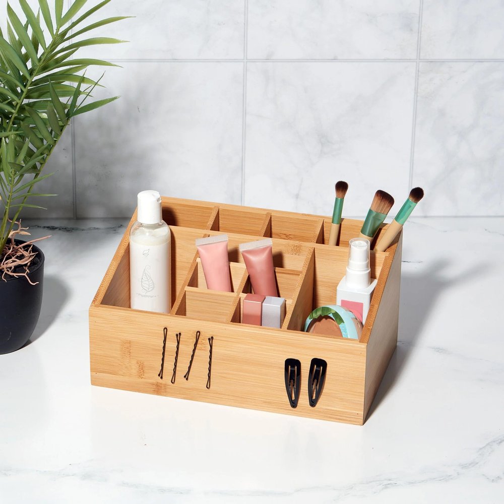 12-Compartment Bamboo Bathroom Organizer, Brown