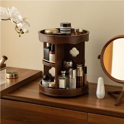 360 Walnut Cosmetics nizer, Rotating Wooden Makeup Tower, Antique Perfume Display Rack with Begonia Glass Accent, Large-Capacity Desktop Carousel