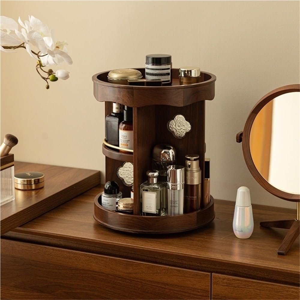 360 Walnut Cosmetics nizer, Rotating Wooden Makeup Tower, Antique Perfume Display Rack with Begonia Glass Accent, Large-Capacity Desktop Carousel