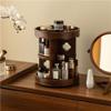 360 Walnut Cosmetics nizer, Rotating Wooden Makeup Tower, Antique Perfume Display Rack with Begonia Glass Accent, Large-Capacity Desktop Carousel view 1