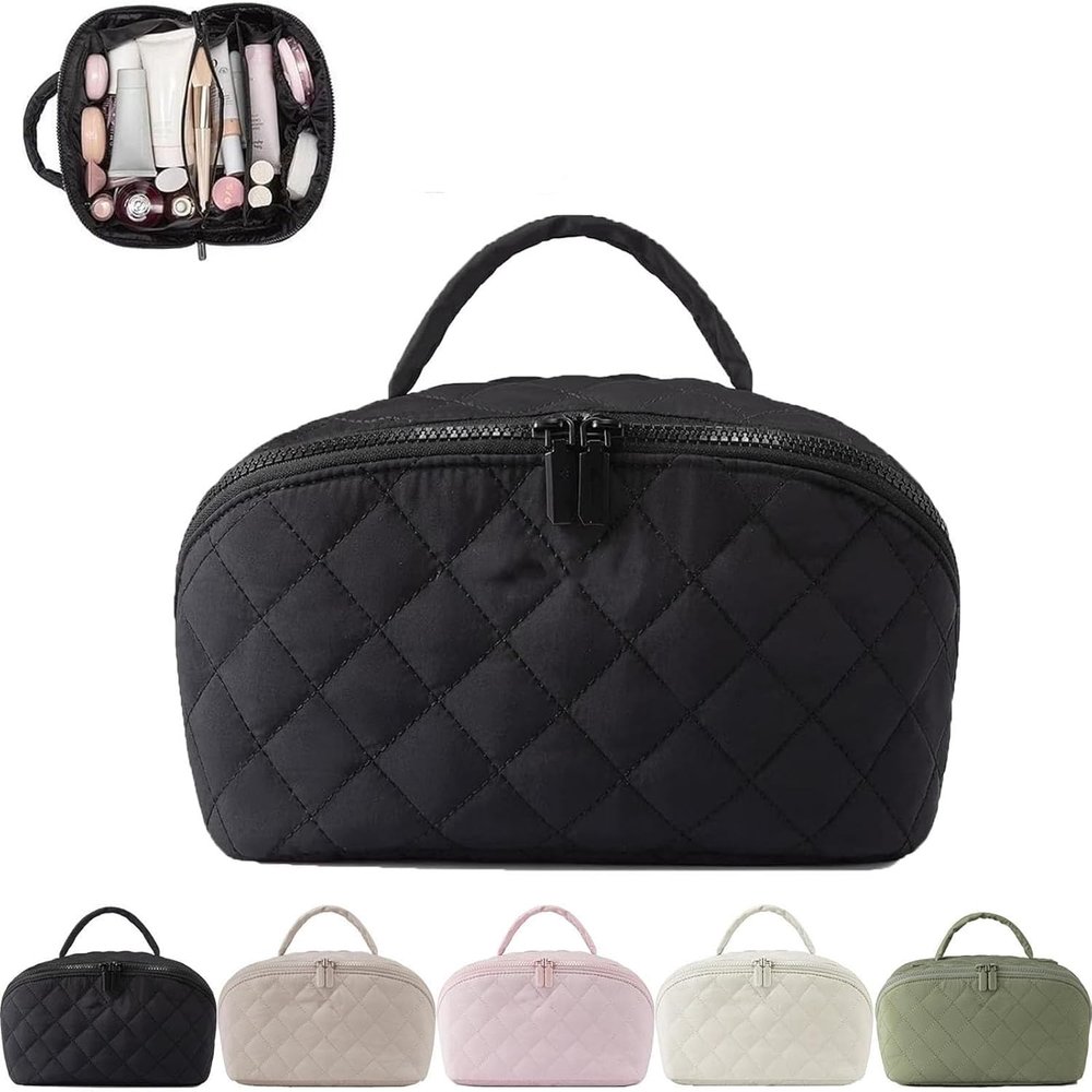 2026 New Travel Makeup Bag,Festivalment Wide Open Lay-Flat Water-Resistant Cosmetic Case,Puffy Padded Organizer for Toiletries & Brushes Large Capacity with Compartments