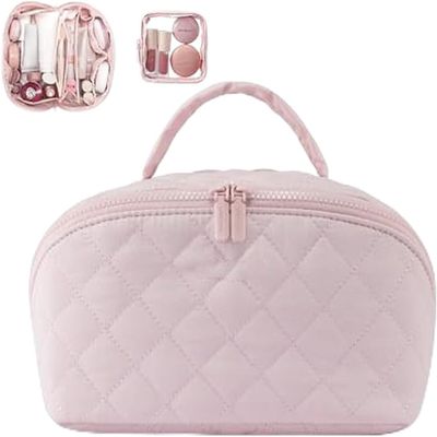 2026 New Travel Makeup Bag,Festivalment Wide Open Lay-Flat Water-Resistant Cosmetic Case,Puffy Padded Organizer for Toiletries & Brushes Large Capacity with Compartments (Pink)