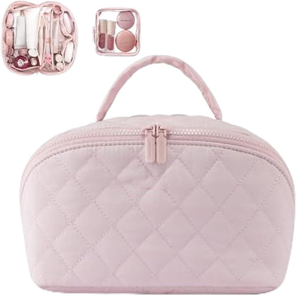 2026 New Travel Makeup Bag,Festivalment Wide Open Lay-Flat Water-Resistant Cosmetic Case,Puffy Padded Organizer for Toiletries & Brushes Large Capacity with Compartments (Pink)