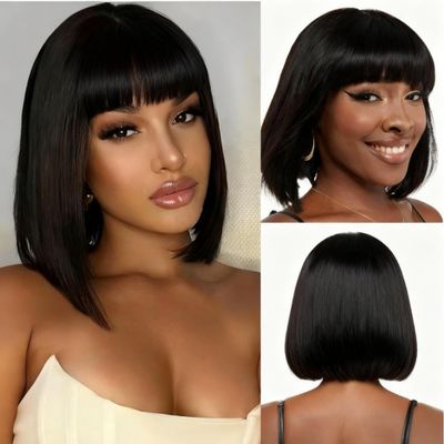 10 Inch Light Straight Bob Wig with Bangs Human Hair Realistic HD Lace Short Black Bob Wigs, Ready to Go Blunt Cut Bob Wig Glueless 180 Density (Black, 8in)