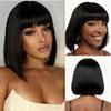 10 Inch Light Straight Bob Wig with Bangs Human Hair Realistic HD Lace Short Black Bob Wigs, Ready to Go Blunt Cut Bob Wig Glueless 180 Density (Black, 8in) view 1