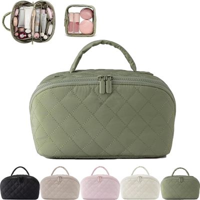 2026 New Travel Makeup Bag,Festivalment Wide Open Lay-Flat Water-Resistant Cosmetic Case,Puffy Padded Organizer for Toiletries & Brushes Large Capacity with Compartments