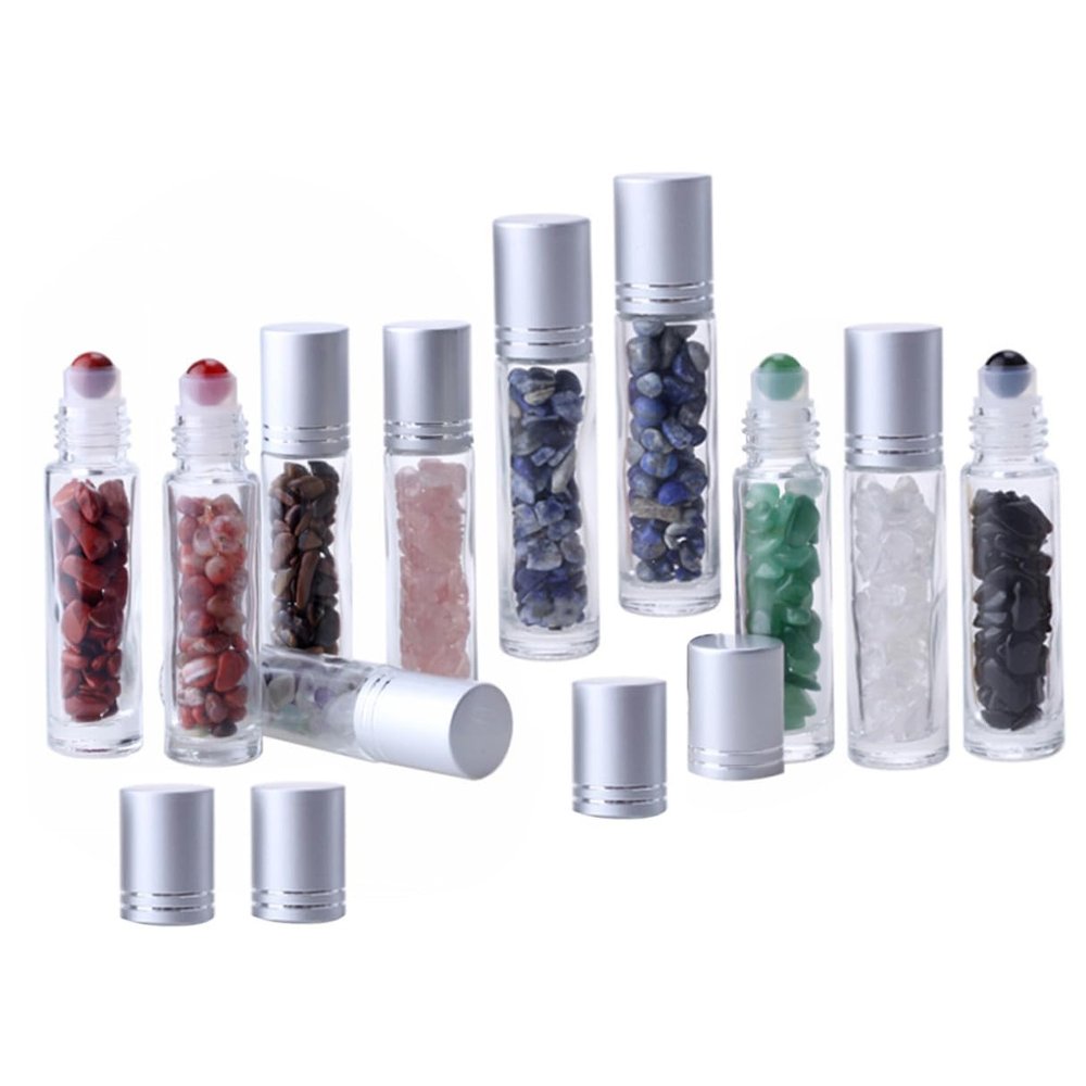 LOORGVEL 10pcs Glass Gemstone Roller Ball Bottles with Lid for Essential Oils Perfume Travel Refillable Storage Containers Cosmetic Accessories