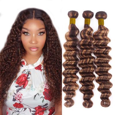 #1B/30 Bundles Human Hair Highlight Brown Deep Wave Human Hair Bundles 22 24 26 Inch Light Brown Bundle Brazilian Virgin Remy Hair Extensions Quick Weave Deals