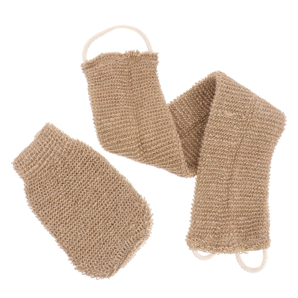GALPADA 2pcs Natural Ramie Jute Bath Glove and Long Strap Back Scrubber Double-sided Exfoliating Body Wash Mitts for Deep Dead Skin Removal and Comfortable Shower Bathing Experience