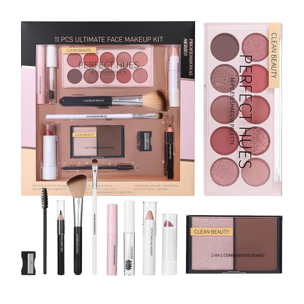 Beginner makeupSet - - makeupKit, Portable Travel Case, Mirror Included | 11 Piece Eyeshadow Palette and Brush Set