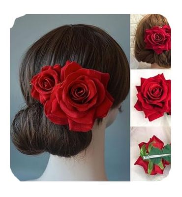 1pc Red Rose Flower Hair Combs Bohemia Rose Hairpin, Bride Costume Hair Decor for Party Wedding, Red Flower Hair Clip for Women Romantic Hair Accessories
