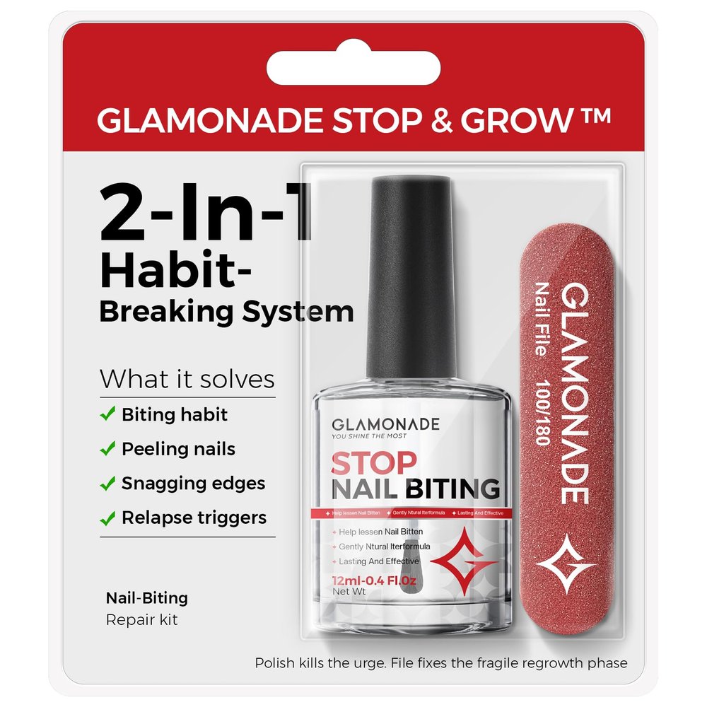 Glamonade 2-in-1 Stop Nail Biting Treatment Kit: Extra Bitter Polish to Deter Biting & Professional Nail File to Smooth Jagged Edges Complete Solution to Remove Biting Triggers for Kids & Adults