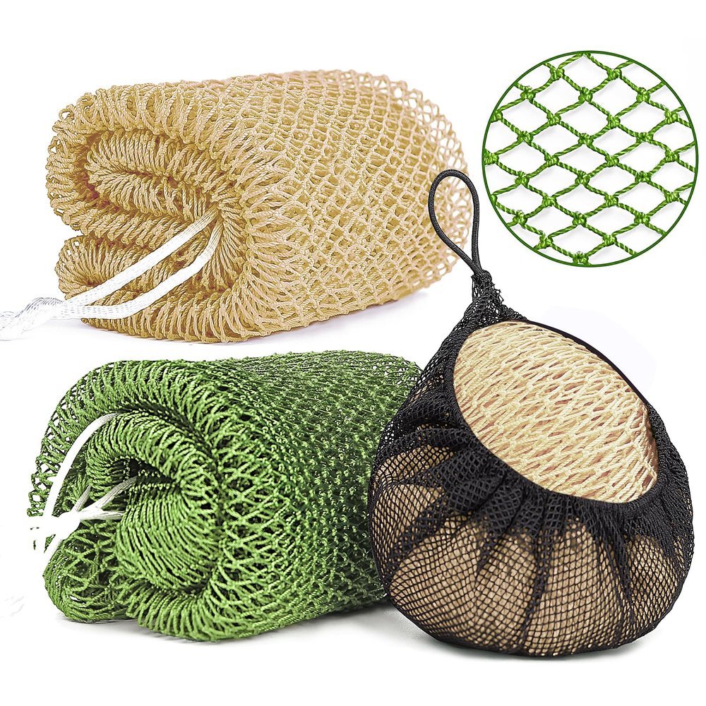 2 Pack African Net Sponge Exfoliating Scrubber Bath Sponge for Daily Use (Champange+Olive Green)