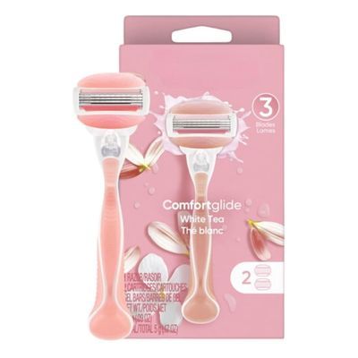 Comfort Glide White Tea Scented Women's Razor, 3 Blades, Manual Razor, Handle and 2 Blade Refills, Pink Soft Grip Handle