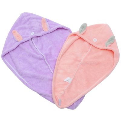 AUTSUPPL 2Pcs Quick-Drying Coral Fleece Hair Towel Wrap for Adults Super Absorbent Lightweight Head Towels with Elastic Loop Soft Cartoon Bunny Ear Design for Fast Hair Drying and Travel