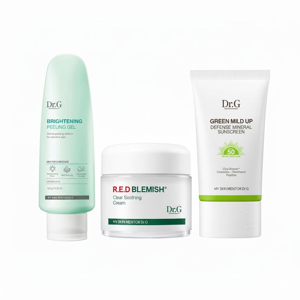 Dr. G Red Blemish Clear Soothing Korean Moisturizer Face Cream, Brightening Peeling Gel and Green Mild Up Defense Mineral Sunscreen 3-step Bundle - Cica, Korean Skin Care Moisturizer
