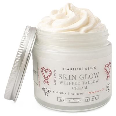 SKIN GLOW - Grass-Fed Whipped Beef Tallow for Menopausal & Mature Skin Deep Nourishing Cream for Dry, Sensitive Skin Face & Body - Simple, Clean, Non-Toxic - Castor Oil Infused (PEPPERMINT, 2oz)
