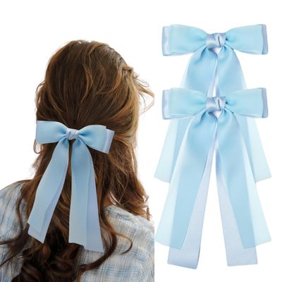 2PCS Hair Bows for Women Girls, Blue Bow Hair Clips Cute Big Ribbon with Long Tail Hair Ribbons, Stylish Bow Clips for Hair Accessories for Women Girls Toddlers Teens Kids