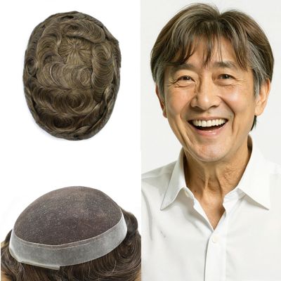 French Lace Mens Toupee European Human Hair Replacement System Natural Hairline Transparent Lace Gray Hair Piece Natural Wig For Men #610 Light Brown+10% Gray-120% Medium Light to Medium Density 6"x9"