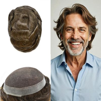 Toupee For Men Hair Pieces Hair Prosthesis Units Replacement System For Men French Lace Mens Toupee HairPiece #510 Light-Med Brown+10% Gray-100% Light to Med-Light Density 6"x9"