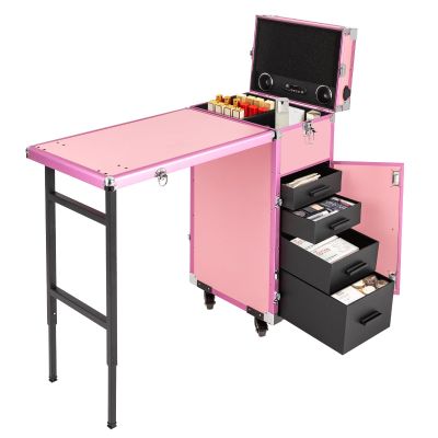BYOIPLOI Rolling Manicure Table 5 Drawers Makeup Case, Professional Rolling Travel Nail Desk, Foldable Nail Tables Travel Cosmetic Trolley Storage Organizer for Hairdressers, Makeup Artists (Pink)