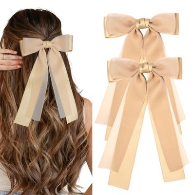 2PCS Hair Bows for Women Girls, Khaki Bow Hair Clips Cute Big Ribbon with Long Tail Hair Ribbons, Stylish Bow Clips for Hair Accessories for Women Girls Toddlers Teens Kids