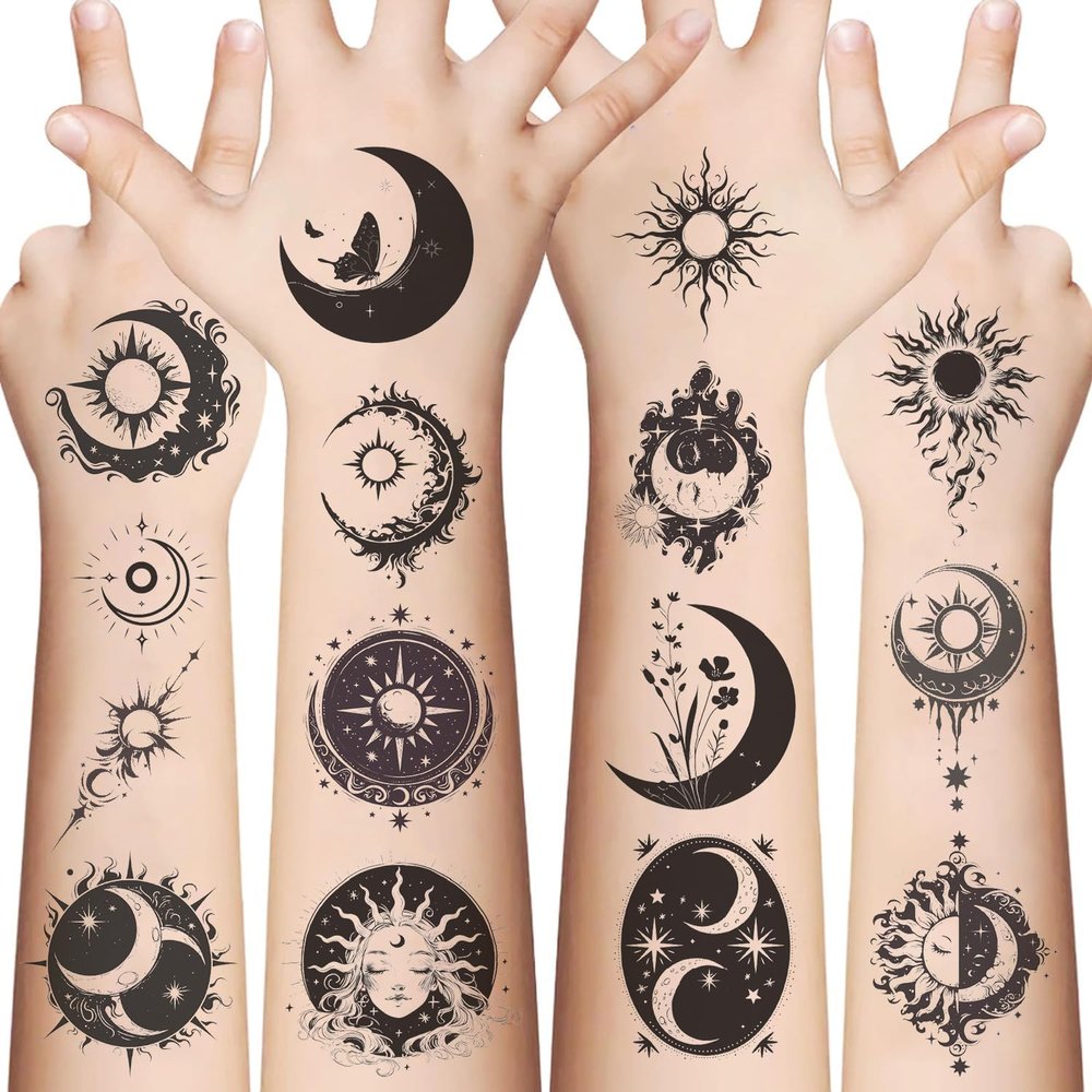 10 Sheets Sun Moon Temporary Tattoos Sticker Birthday Themed Party Supplies Decoration Favors Lunar & Solar Sticker for Home Activity Class Prizes Tattoos collectors, DIY lovers...(Sun Moon)