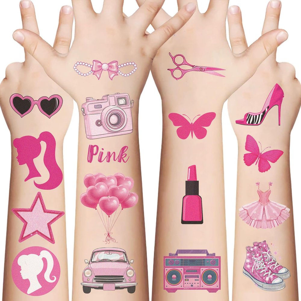 10 Sheets Pink Temporary Tattoos stickers for Adult,Birthday Party Favors Decorations Cute Y2k Iridescent Cartoon Fake Tattoo Stickers for Rewards,Gifts,sticker collectors,DIY lovers(Pink Tattoo)
