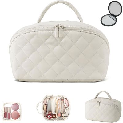 180 Wide Open Travel Makeup Bag, Large Capacity Portable Makeup Bag with Handle, Lightweight Waterproof Organizer for Toiletries & Brushes with Compartments (White)