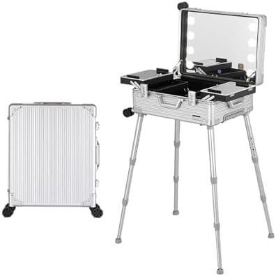 UWYTGF Maletn De Maquillaje Con Ruedas, De Aluminio, Con Luces Led, Ideal para Estudios De Maquillaje Profesional. Incluye Soporte, Luces, Rayas Plateadas, 22 Pulgadas.