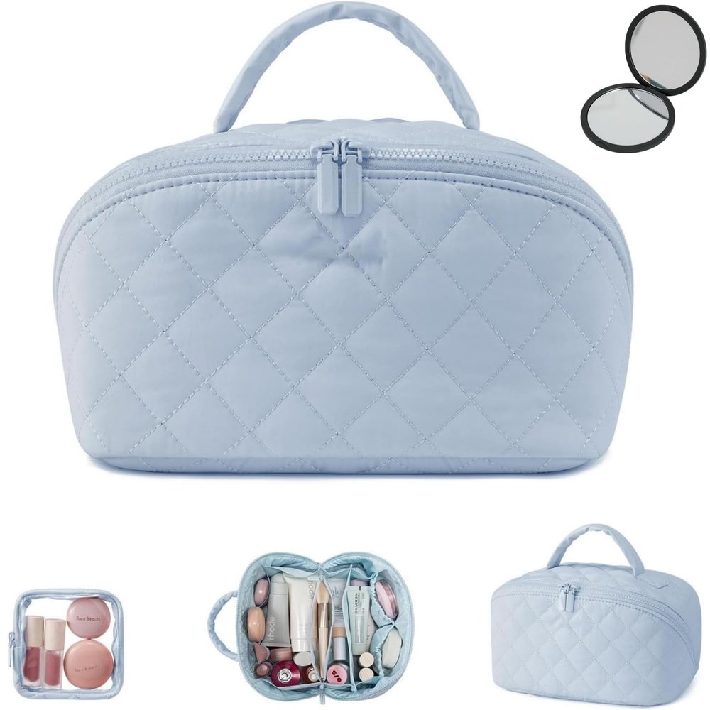 180 Wide Open Travel Makeup Bag, Large Capacity Portable Makeup Bag with Handle, Lightweight Waterproof Organizer for Toiletries & Brushes with Compartments (Blue)