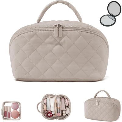 180 Wide Open Travel Makeup Bag, Large Capacity Portable Makeup Bag with Handle, Lightweight Waterproof Organizer for Toiletries & Brushes with Compartments (Khaki)