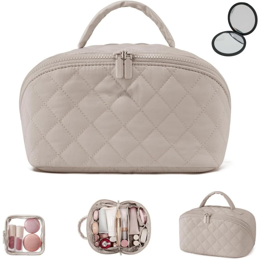 180 Wide Open Travel Makeup Bag, Large Capacity Portable Makeup Bag with Handle, Lightweight Waterproof Organizer for Toiletries & Brushes with Compartments (Khaki)