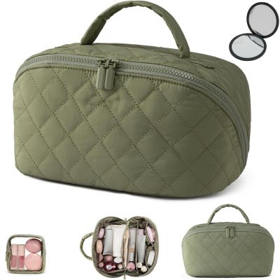 180 Wide Open Travel Makeup Bag, Large Capacity Portable Makeup Bag with Handle, Lightweight Waterproof Organizer for Toiletries & Brushes with Compartments (Green)