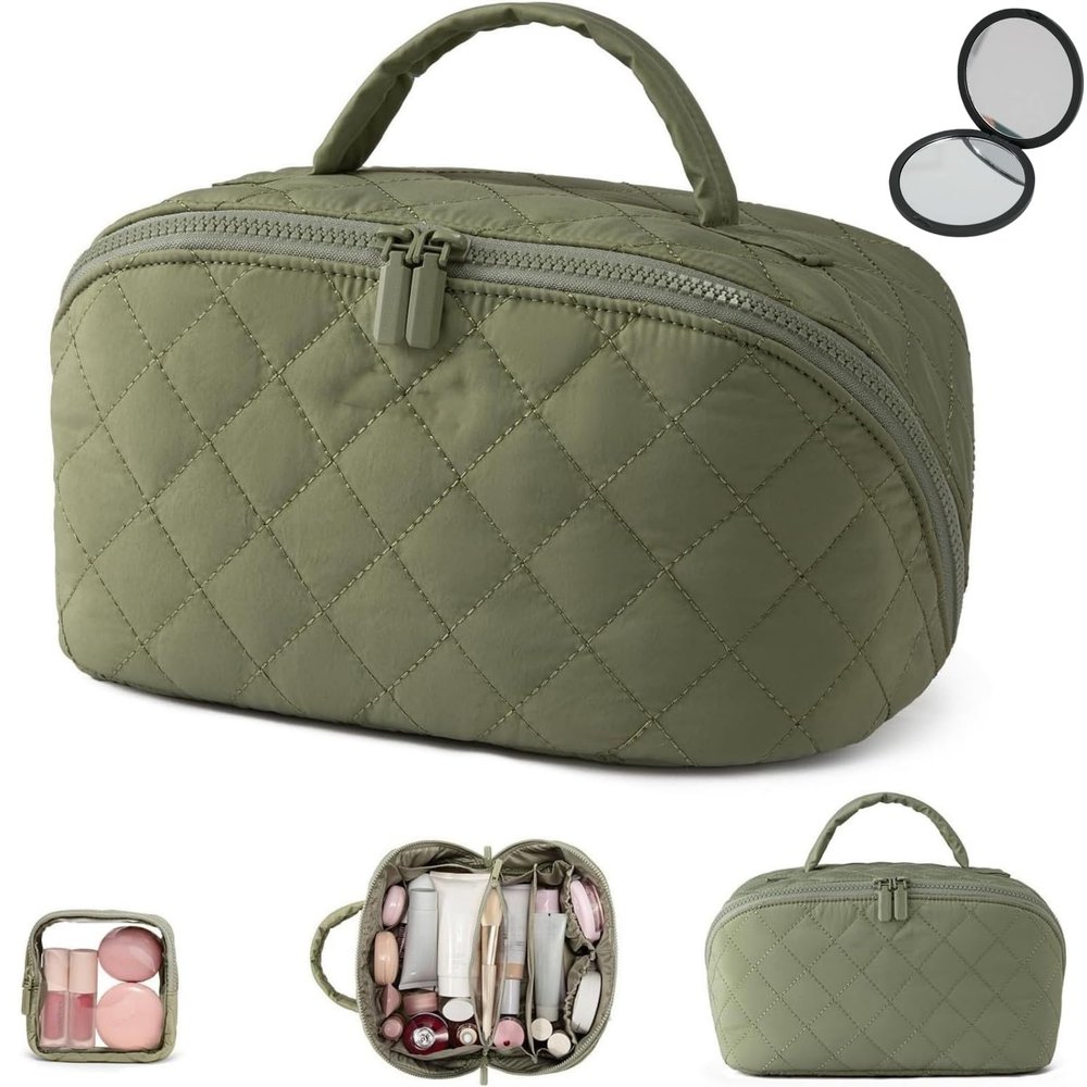 180 Wide Open Travel Makeup Bag, Large Capacity Portable Makeup Bag with Handle, Lightweight Waterproof Organizer for Toiletries & Brushes with Compartments (Green)