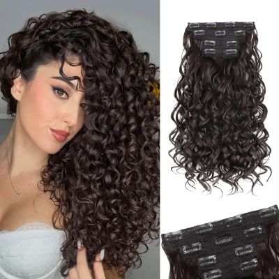 Vigorous Curly Clip In Hair Extensions,4PCS 16 inch Thick Curly Hair Extensions Lace Weft Clip Ins Invisible Natural Synthetic Hairpieces for Women,Black Brown(4/4K)