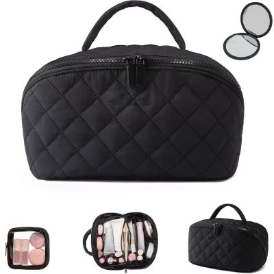 180 Wide Open Travel Makeup Bag, Large Capacity Portable Makeup Bag with Handle, Lightweight Waterproof Organizer for Toiletries & Brushes with Compartments (Black)