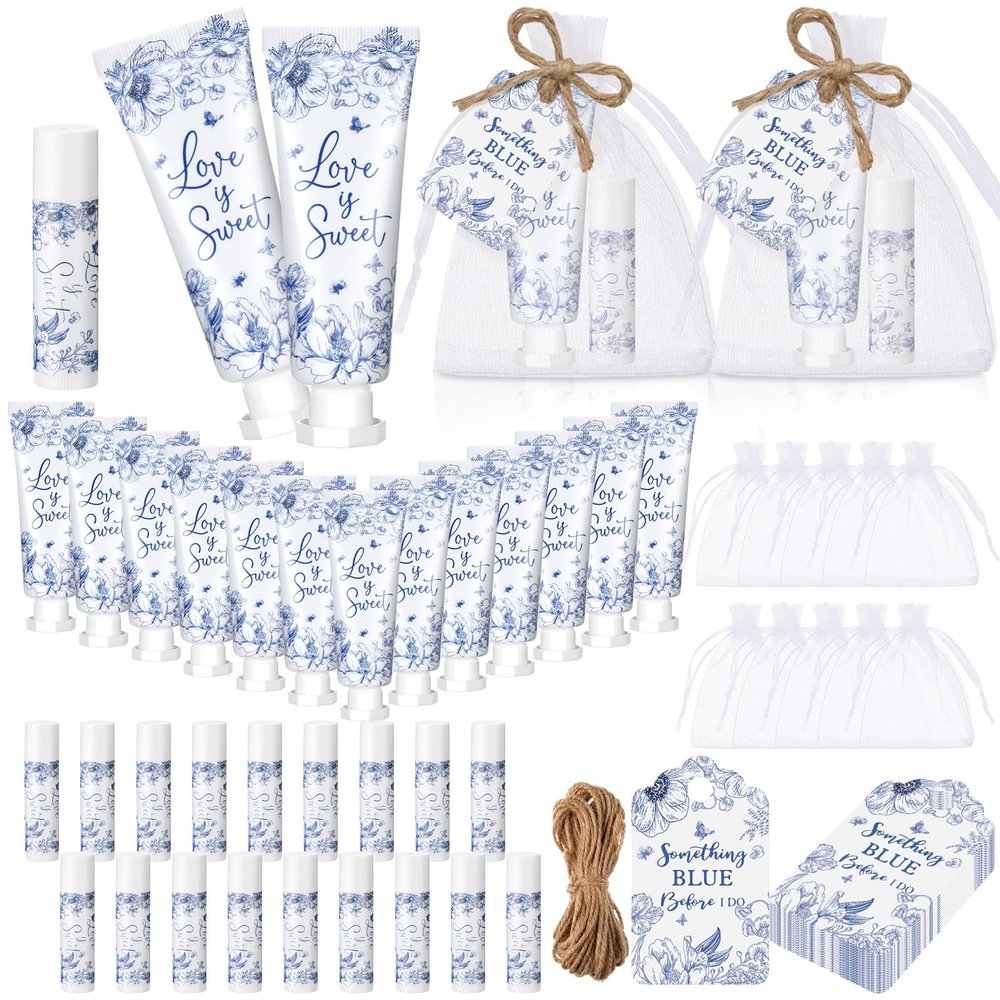 Dansib 24 Sets Something Blue Before I Do Bridal Shower Hand Cream and Lip Balm Gift Bulk Blue Floral Wedding Favors Travel Size Hand Lotion and Lip Balm Wedding Bridal Shower Party Supplies for Guest