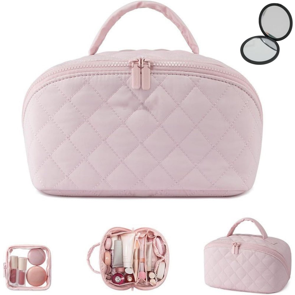 180 Wide Open Travel Makeup Bag, Large Capacity Portable Makeup Bag with Handle, Lightweight Waterproof Organizer for Toiletries & Brushes with Compartments (Pink)