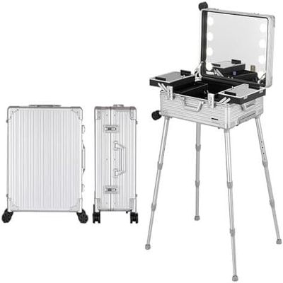 UWYTGF Maletn De Maquillaje Con Ruedas, De Aluminio, Con Luces Led, Ideal para Estudios De Maquillaje Profesional. Incluye Soporte, Luces, Rayas Plateadas, 24 Pulgadas.