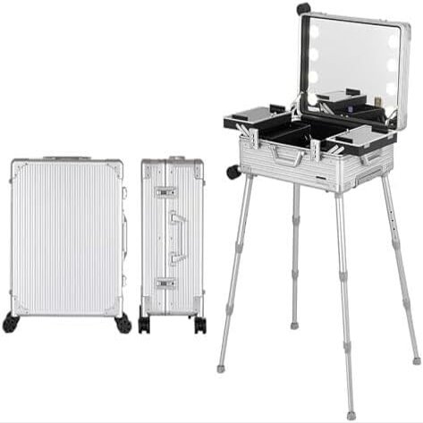 UWYTGF Maletn De Maquillaje Con Ruedas, De Aluminio, Con Luces Led, Ideal para Estudios De Maquillaje Profesional. Incluye Soporte, Luces, Rayas Plateadas, 24 Pulgadas.
