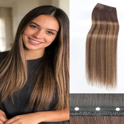 YDDM Double Invisible PU OVO Butterfly Weft Human Hair Extensions 20in Remy Human Hair Glueless Micro Beads Heat-Friendly Secure for Women Daily (Chocolate Brown Mixed Honey Blonde)