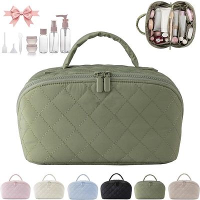180 lay Flat Makeup Bag for Women, Large Capacity Waterproof Machine Washable Open Flat Toiletry with 5 Divider and Handle for Travels & Daily (Green)