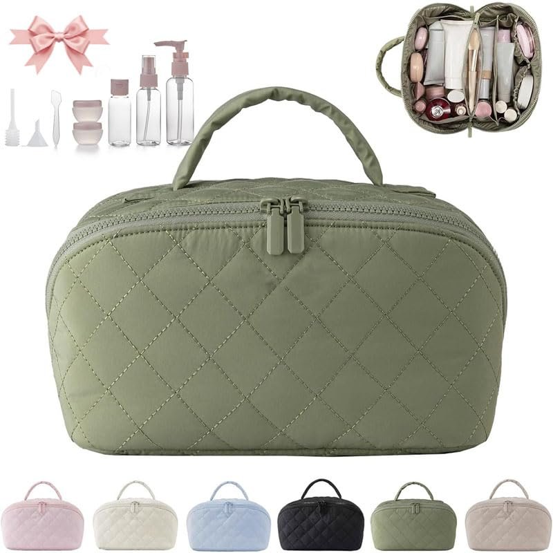 180 lay Flat Makeup Bag for Women, Large Capacity Waterproof Machine Washable Open Flat Toiletry with 5 Divider and Handle for Travels & Daily (Green)