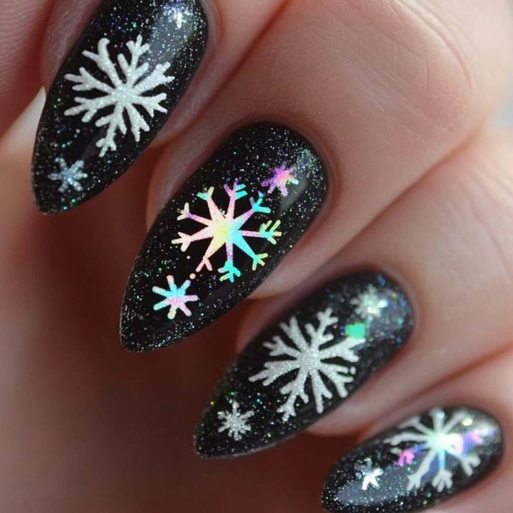 24Pcs Christmas Press on Nails Medium Almond Snowflake Fake Nails Aurora Snowflake Glue on Nails Winter Glitter Black Acrylic Nails for Women Holiday Nail Decoration