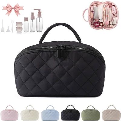 180 lay Flat Makeup Bag for Women, Large Capacity Waterproof Machine Washable Open Flat Toiletry with 5 Divider and Handle for Travels & Daily (Black)